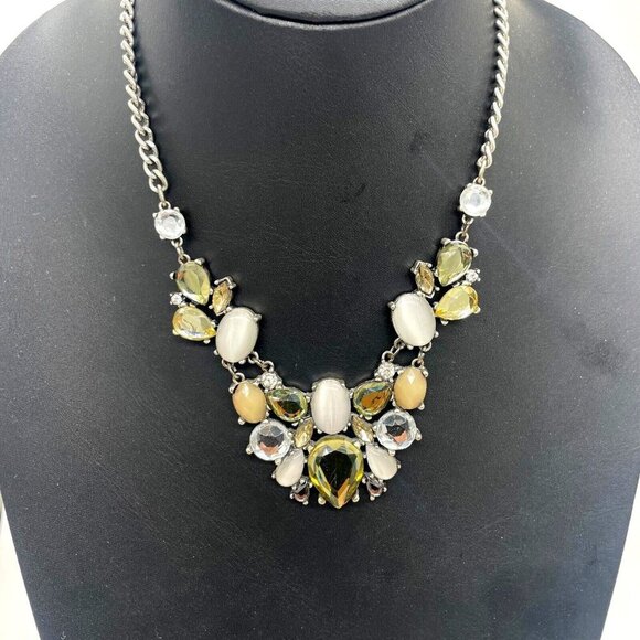 Ann Taylor Loft Crystal Rhinestone Statement Chain Necklace Silver Tone 17-19 In - Picture 1 of 6
